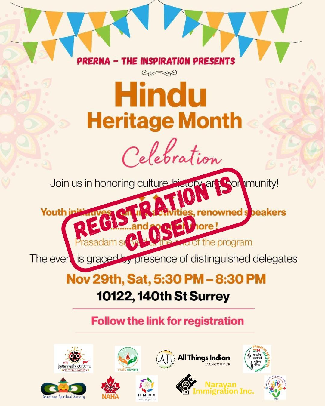 hindu heritage month surrey registration closed